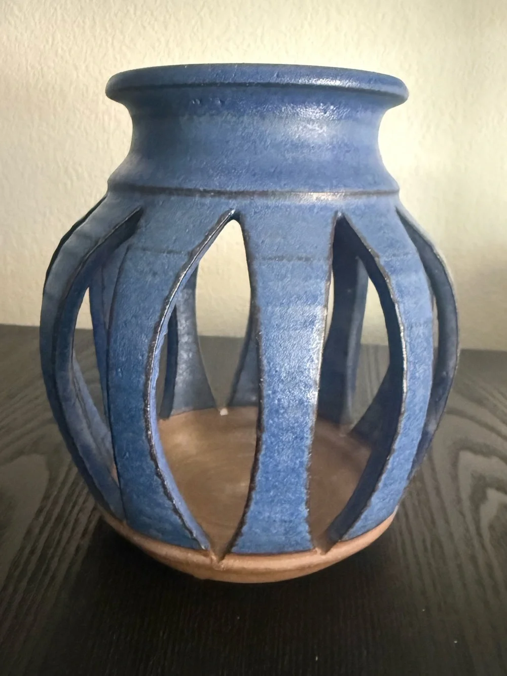 Handmade Blue Pottery Stoneware Cutout Vase Candle Holder Lantern (set of 2)